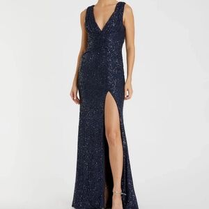 Mac Duggal Navy V-Neck Sequin Wrap Waist Gown